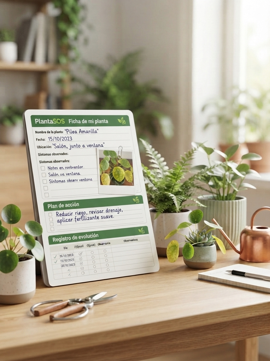 Ficha de observación rellenada para revisar hojas amarillas en una planta